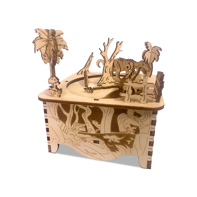 Wholesale Custom Cartoon Dinosaurs World Wooden Music Box 3D Puzzle Jigsaw Wood Dinosaur Toy DIY Creative Crafts Birthday Gifts