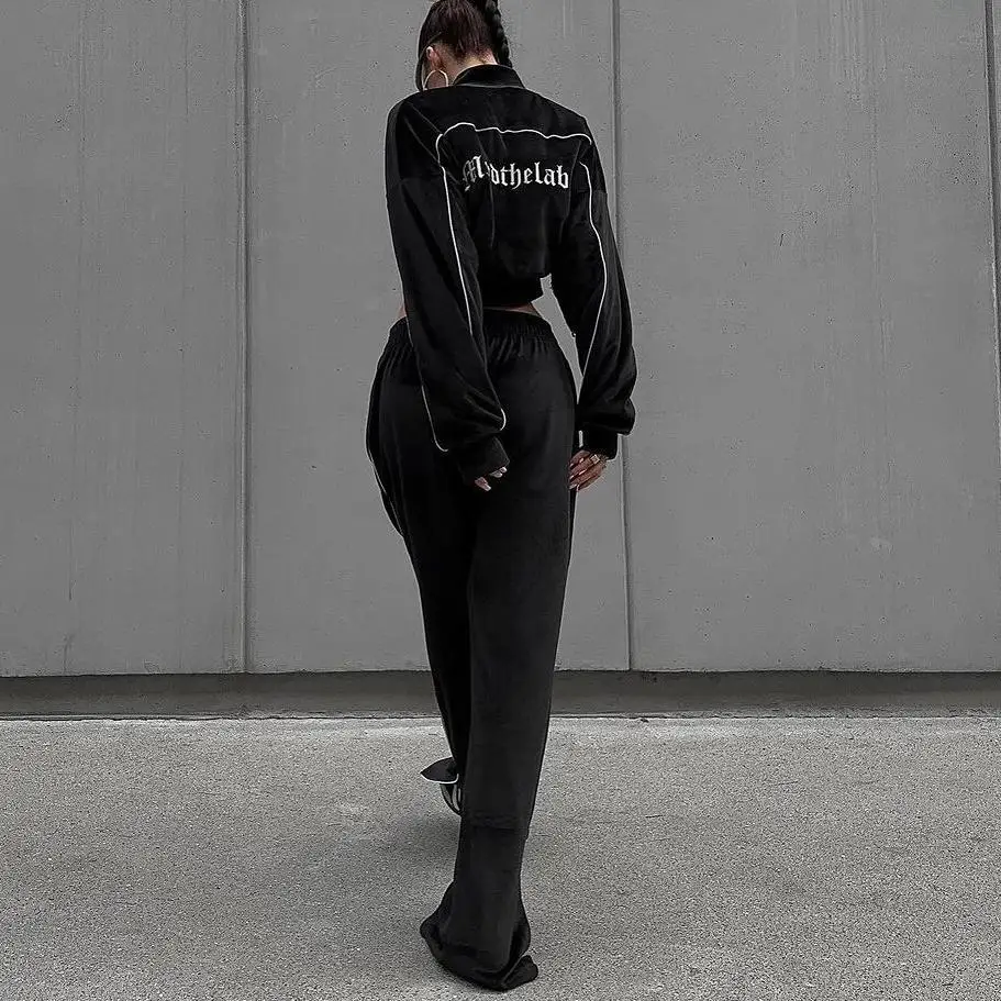 Customize Spring Casual Solid Long Sleeve Split Sweatpants Tracksuit Black Ladies Cropped Top Zipper Hoodie Set Woman Embroidery