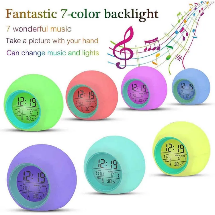 Round 7 Colors Changing LED Light Digital Alarm Clocks Touch Control Kids Children Wake Up Alarm Clock Thermometer Nature Music