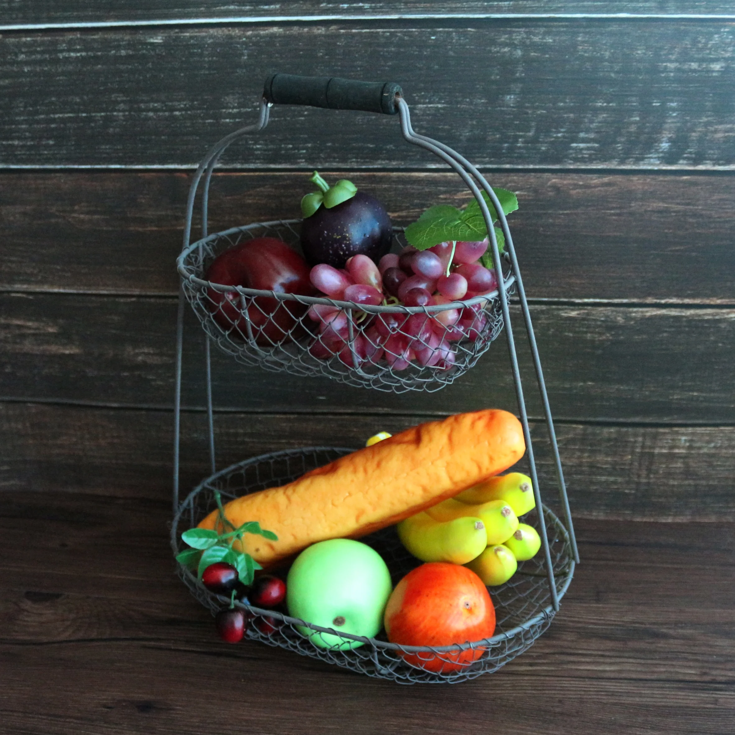 
Rustic Chicken Wire 2 Tier Fruit Basket Metal Gathering Basket with Handle Country Vintage Style Storage Basket. Rusty, 12-3/4 X 