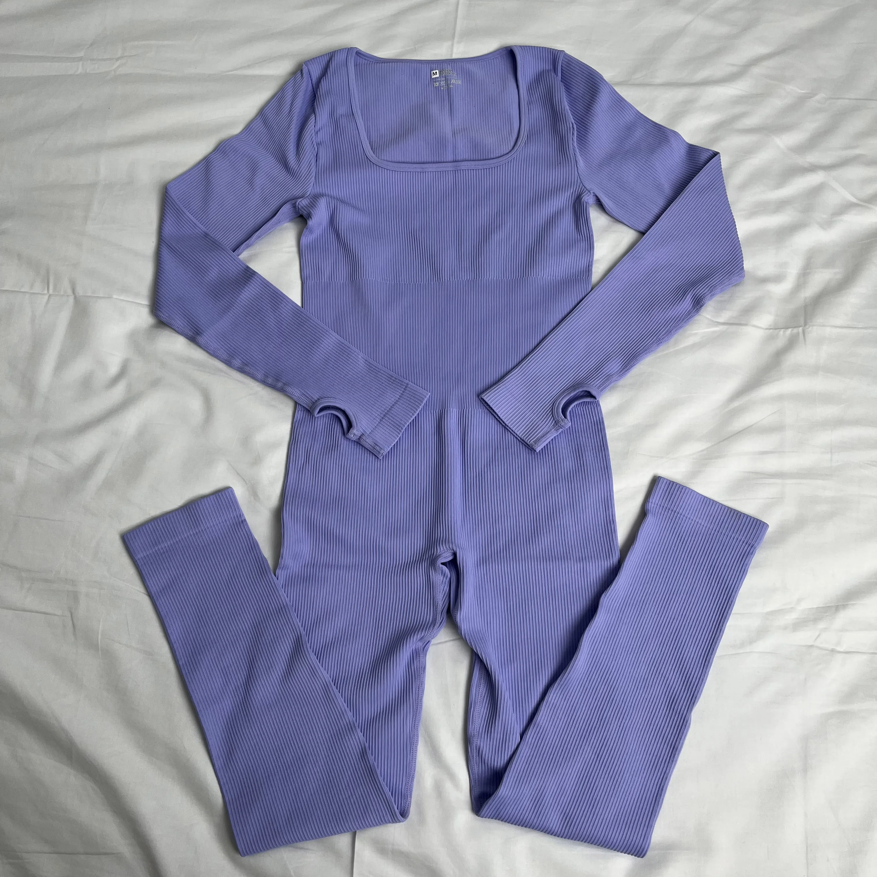 Hot Selling Square Shaped Neck Gym Apparel Long Sleeved Legging Jumpsuit