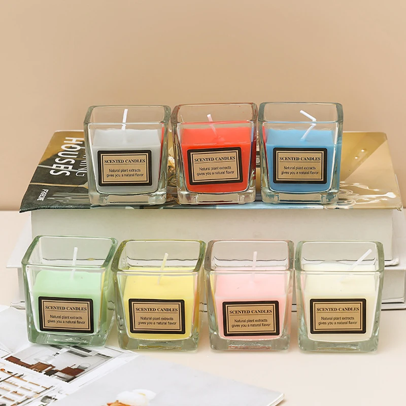 Square Small Transparent Glass Cup Aroma Scented Candle for Home Decor, Clear Glass Jar Fragrance Soy Wax Color Scented Candle