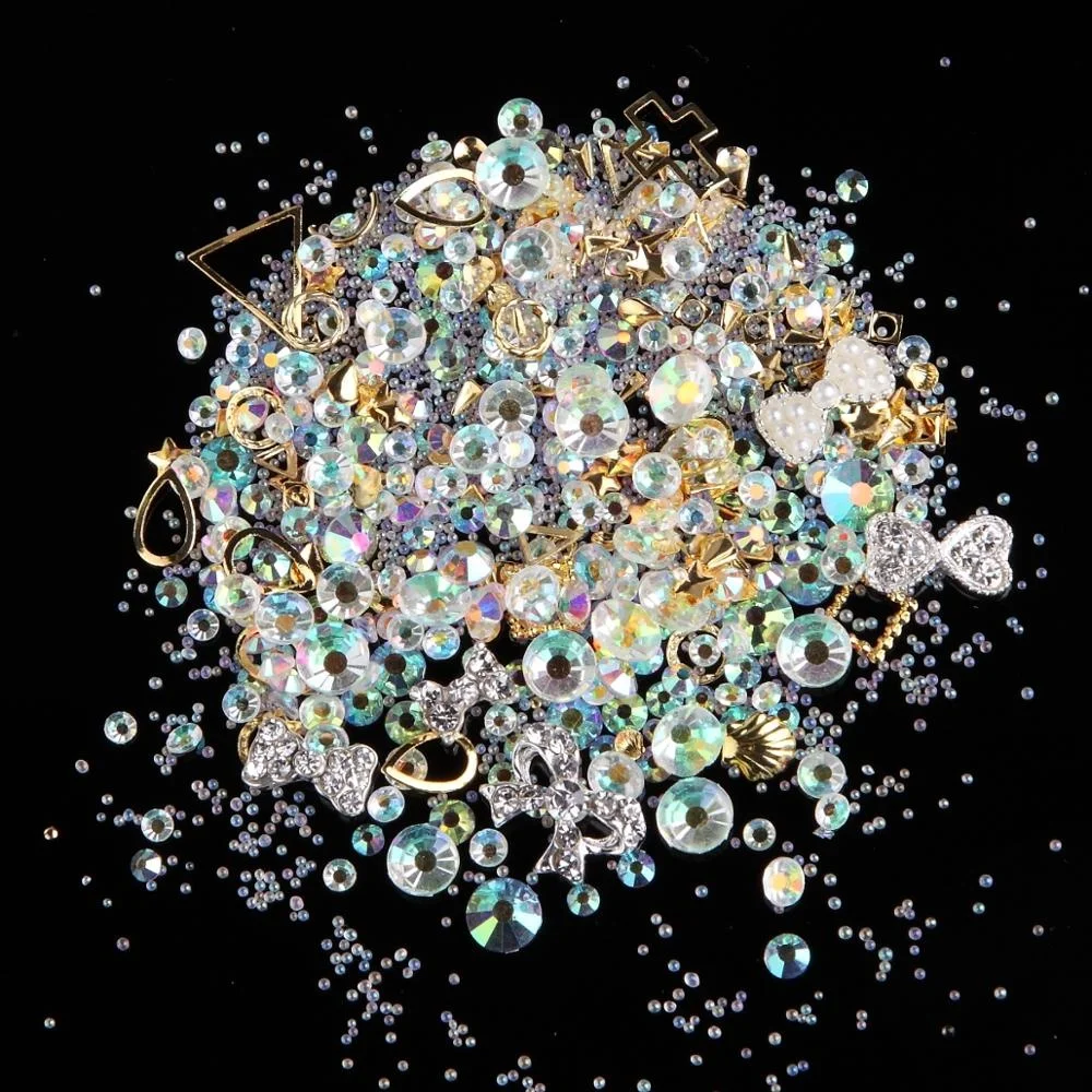 
12 Mixed Styles Colorful Glitter Rhinestones Charms Gems Metal Hollow Shell flake rivet DIY 3D Nail Art Decorations 