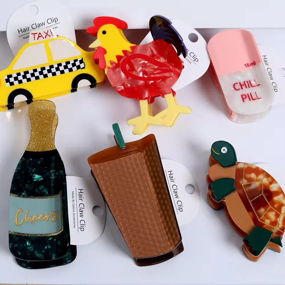 2024 New Fashion Acetic Champagne Bottle Rooster Coffee Cup Sleeping Pill Car Turtle Dog Hair claws clips for holiday gift