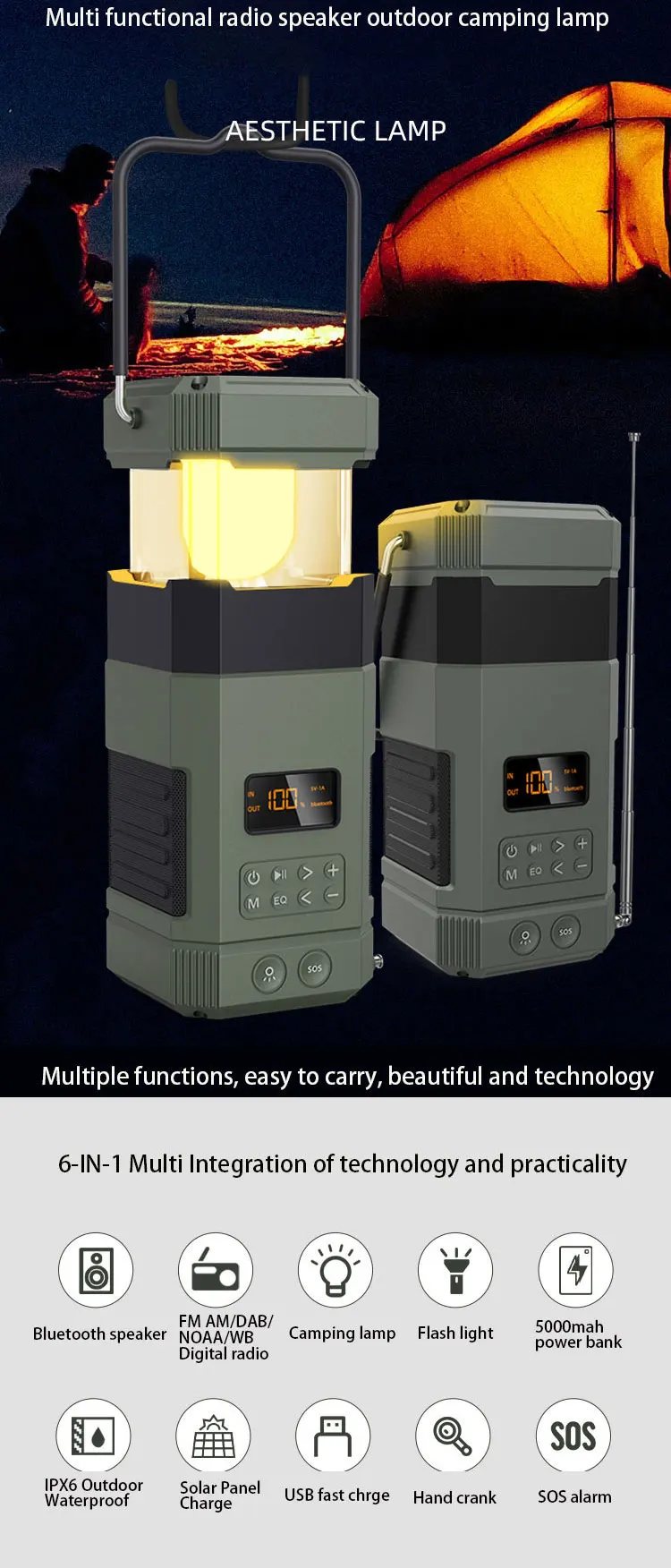  6-in-1 Multi Global am fm Radio Solar Speakers emergency product camping light Petromax Outdoor Lantern Wall Lights
