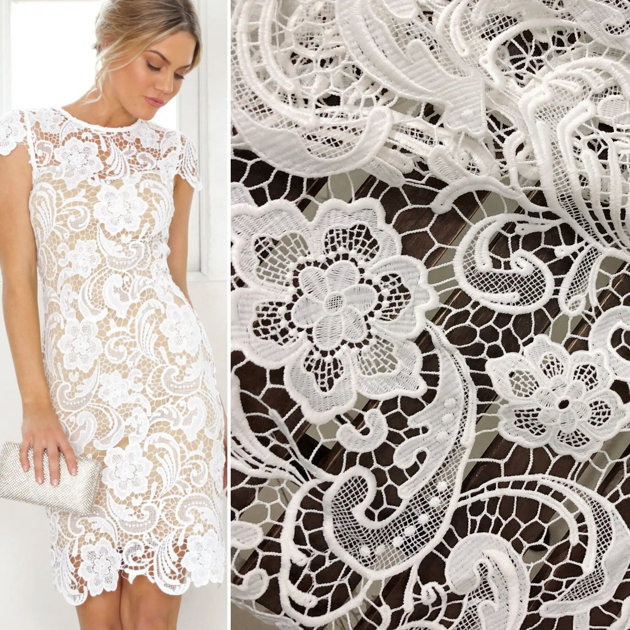 White Embroidered Flowers Turkish style Wedding Party Bridal Dress lace Fabric