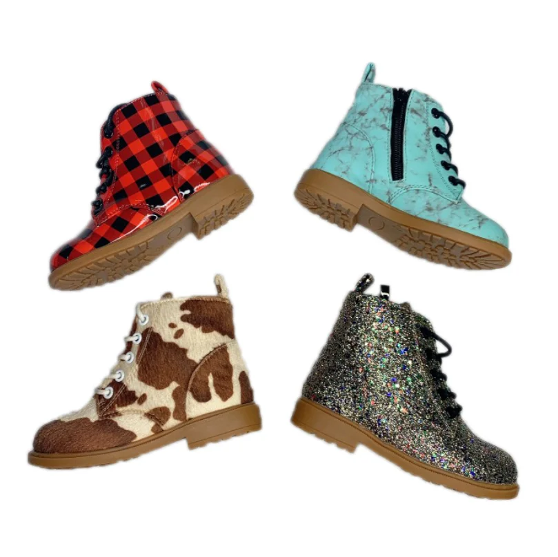 Customizable Cow Hide Autumn Winter Fashion Ankle Boots  Non-slip Lace-up Casual Boots for Kids