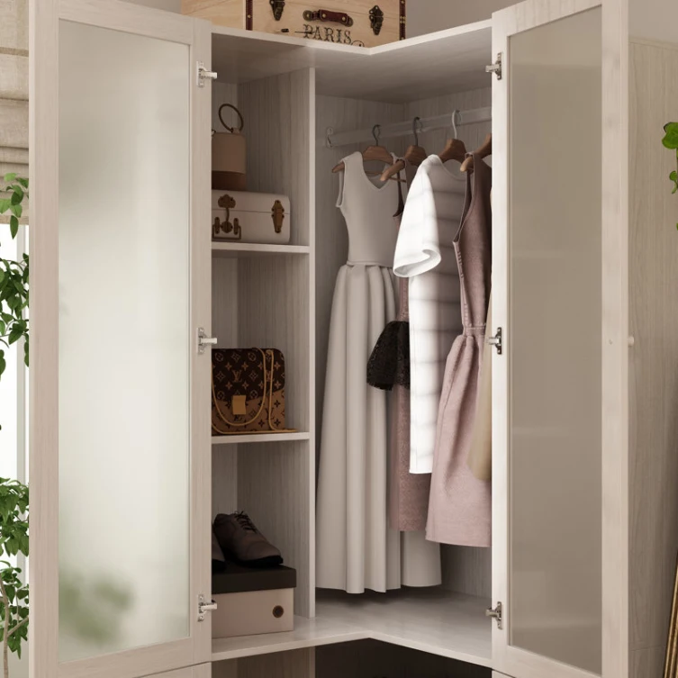 24 Years Bedroom Furniture Corner Wardrobe Cabinet, Modern Wood Grain Armoire Closet with Frosted Glass Doors