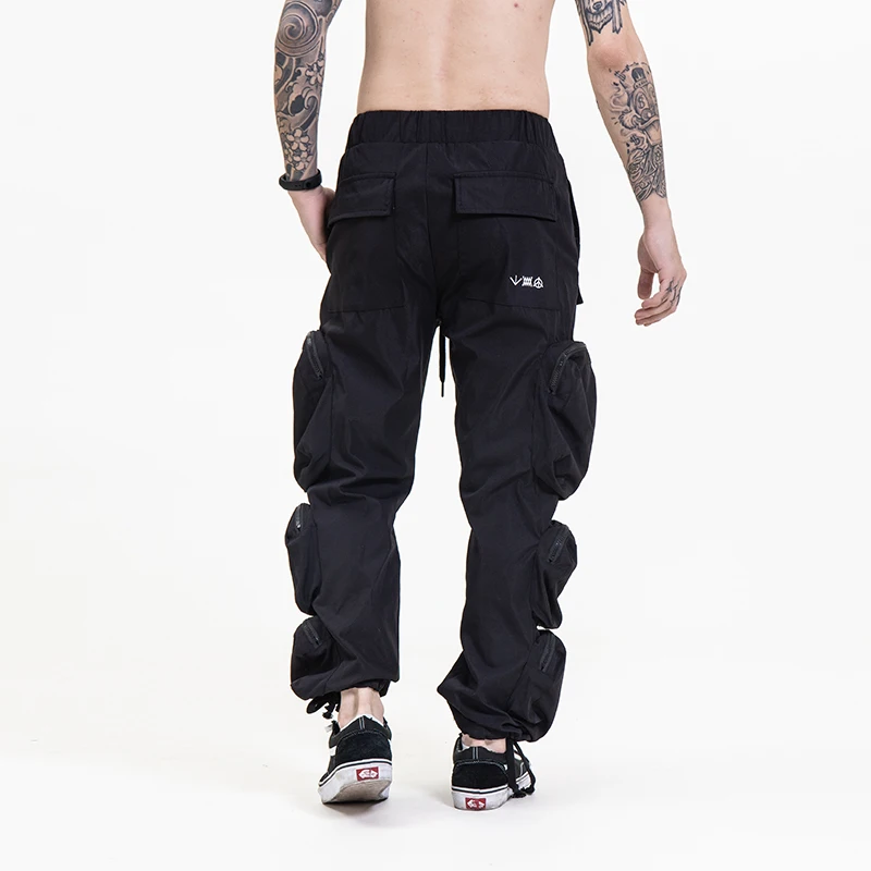 
Fashion streetwear drawstring zipper overalls six pocket wear resistant mens cargo pants 
