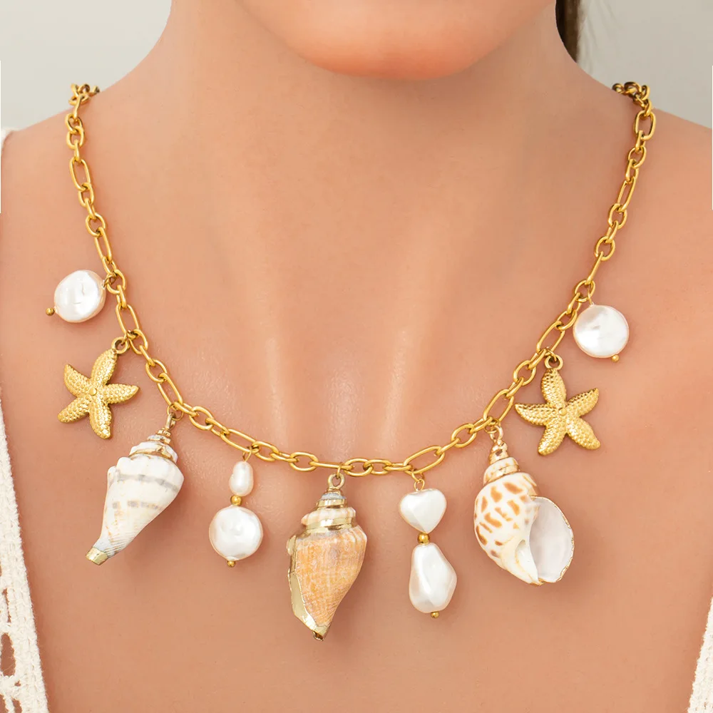 Ocean Style 18K Gold Plated Cuban Link Chain Conch Starfish Pendant Necklace Natural Sea Snail Pendant Necklace