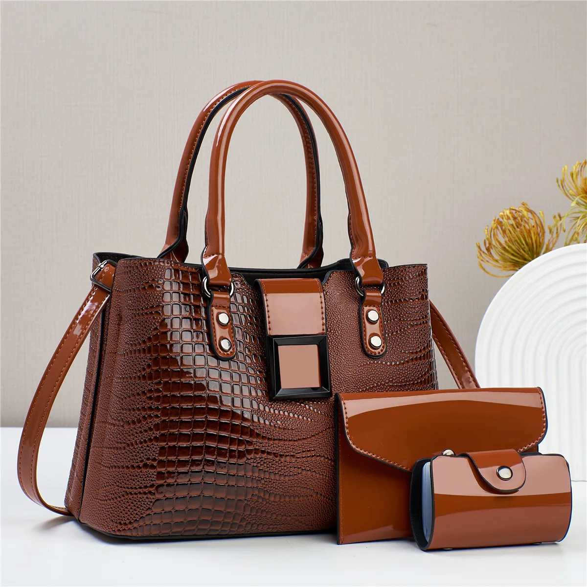 New High Quality Crocodile pattern PU Leather Handbags for Women Ladies Shoulder Bag   Luxury Large Fashion Solid color Tote Bag
