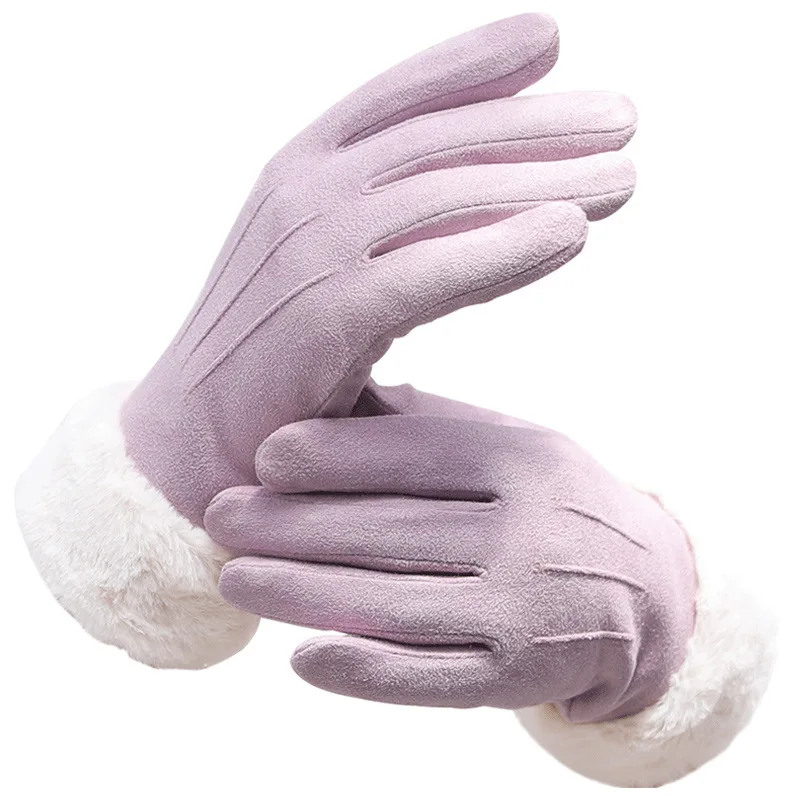 Outdoor Waterproof Faux Leather Fur Mittens Warm Winter Driving Touch Screen Women Suede Gloves with Fashion Fake Fur Cuff