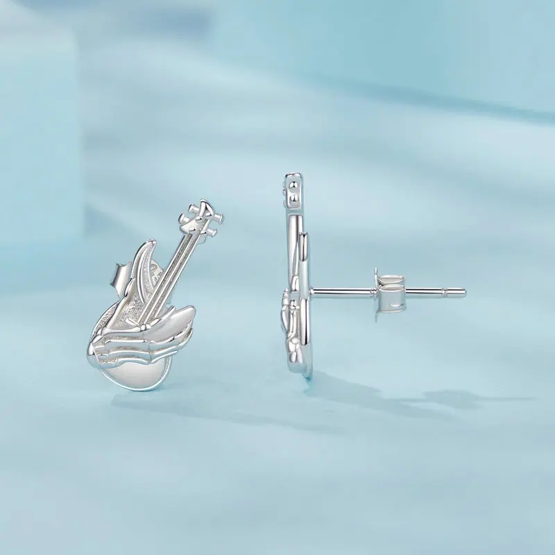 Factory 925 Sterling Silver Mini Skull Hand Bass Stud Earring Plated White Gold For Music Lover Original Fine Jewelry SCE1806