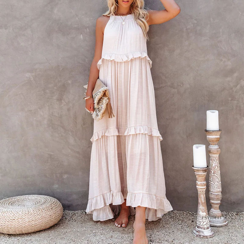 Women Sleeveless Beach Dress Summer Halter Layered Ruffles Casual Boho Flowy Maxi Dress