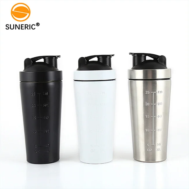 Custom Logo Printing 16oz 25oz Metal Thermo Powder Blender Mixer With Mixing Ball 304 Gym Bottle Protein Shaker Stainless Steel