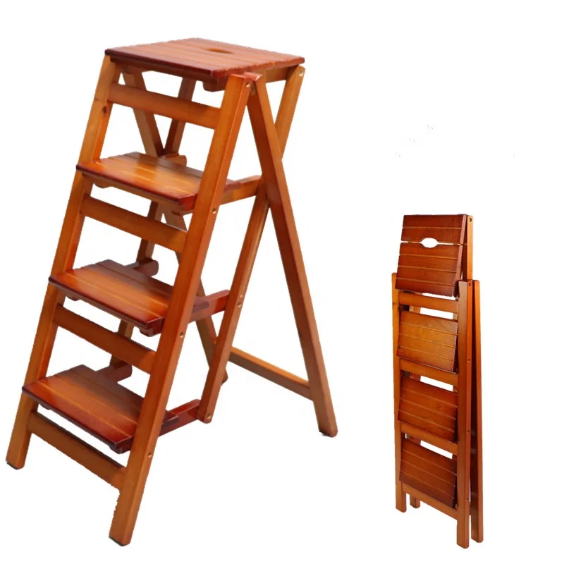 HE-2011 Manufacture Outdoor Foldable Wooden 4 Tiers Multifunctional Wood Folding Step Ladder Stool Portable