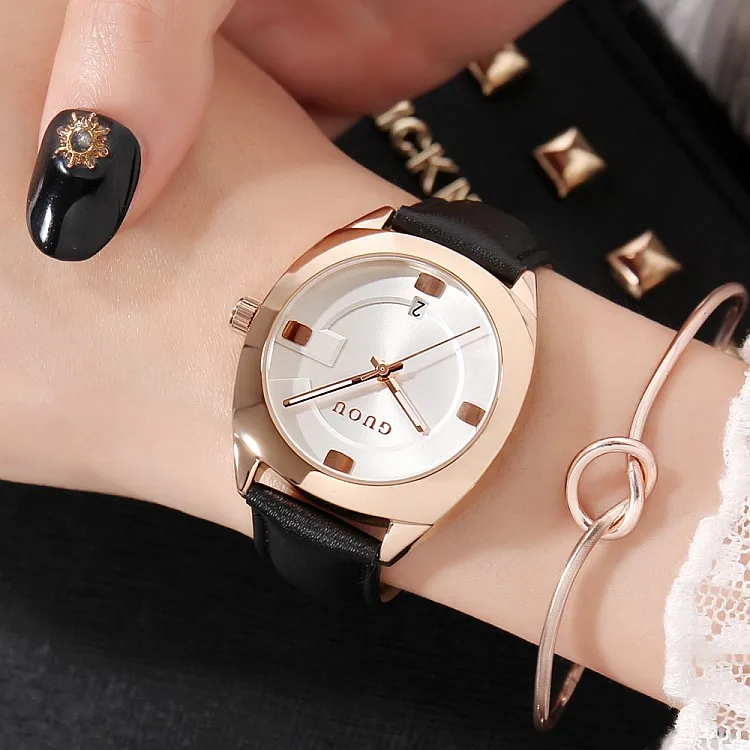 GUOU 8097 elegant guangzhou ladies quartz watch hot sale Genuine Leather band water resistant date display Casual wristwatch