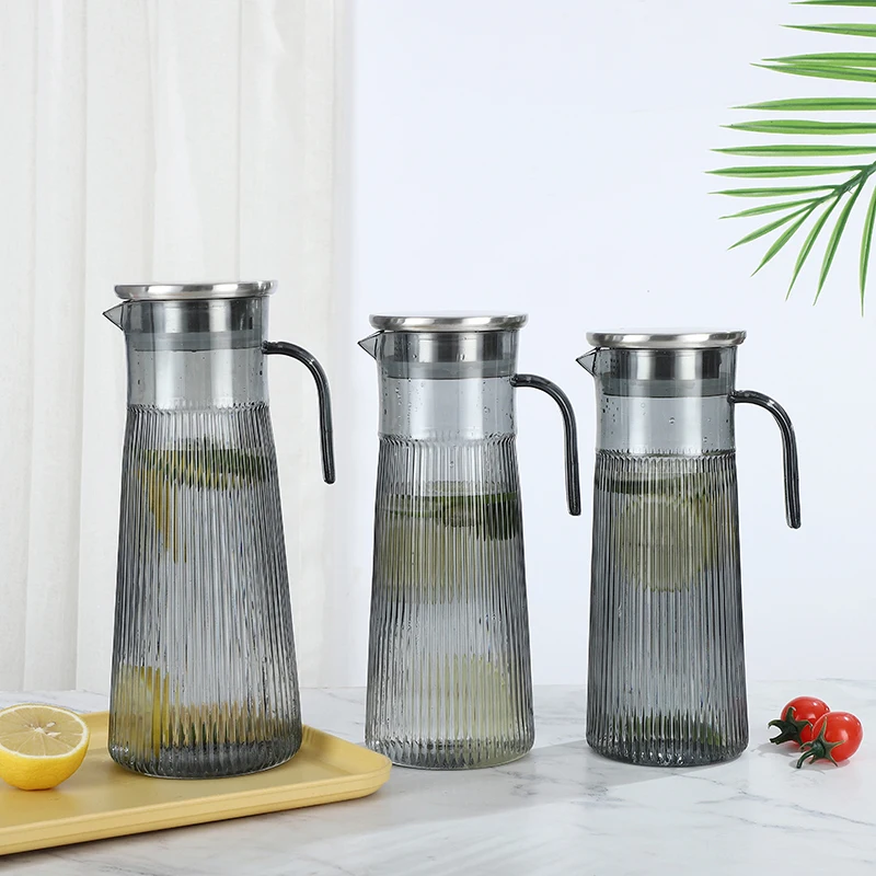 Factory Price 1000ml Household Vertical Stripe Glass Cold Water Lemon Tea High Capacity Heat-proof Bottle