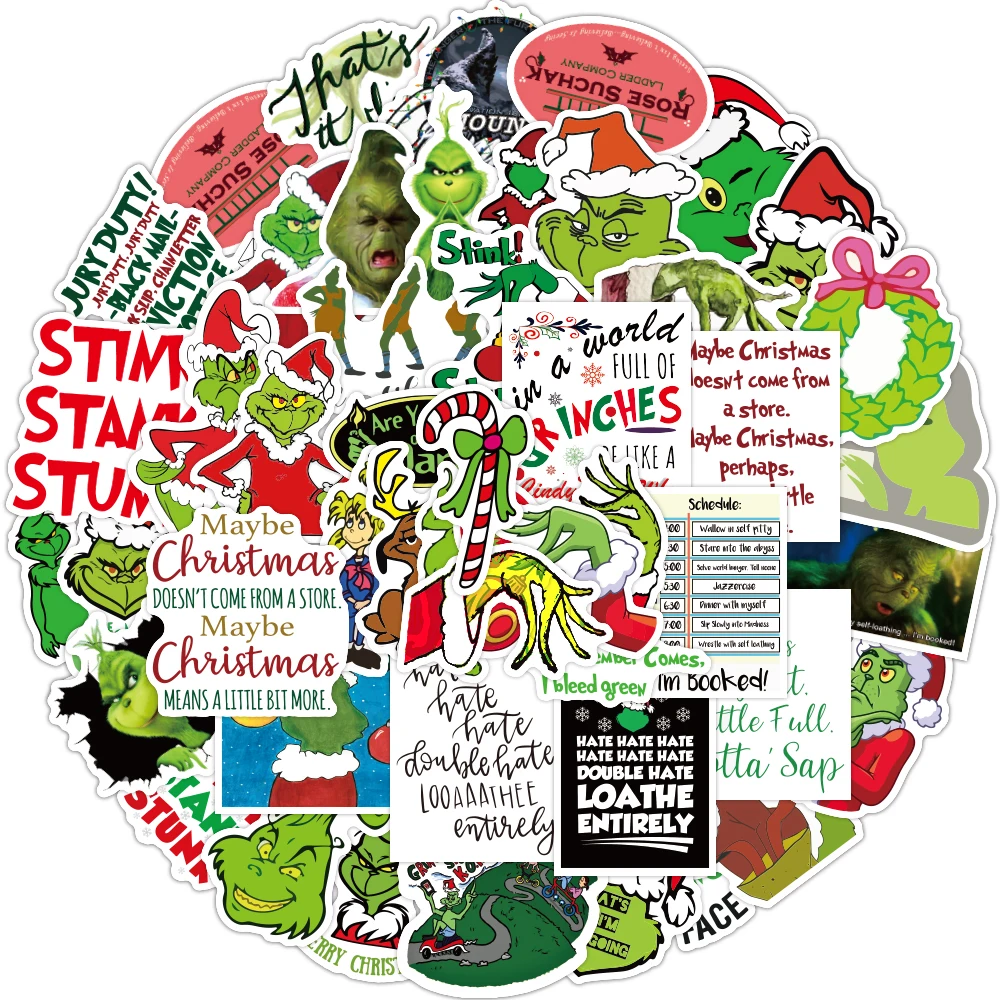 50 MG Grinch/bag bestselling Grinch doodle stickers/suitcase bottle gift stickers
