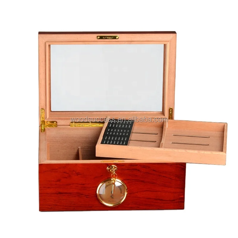 Custom made cheap price highlight cedar wood cigar case humidors for cigar temperature controlled cigar box with gauge
