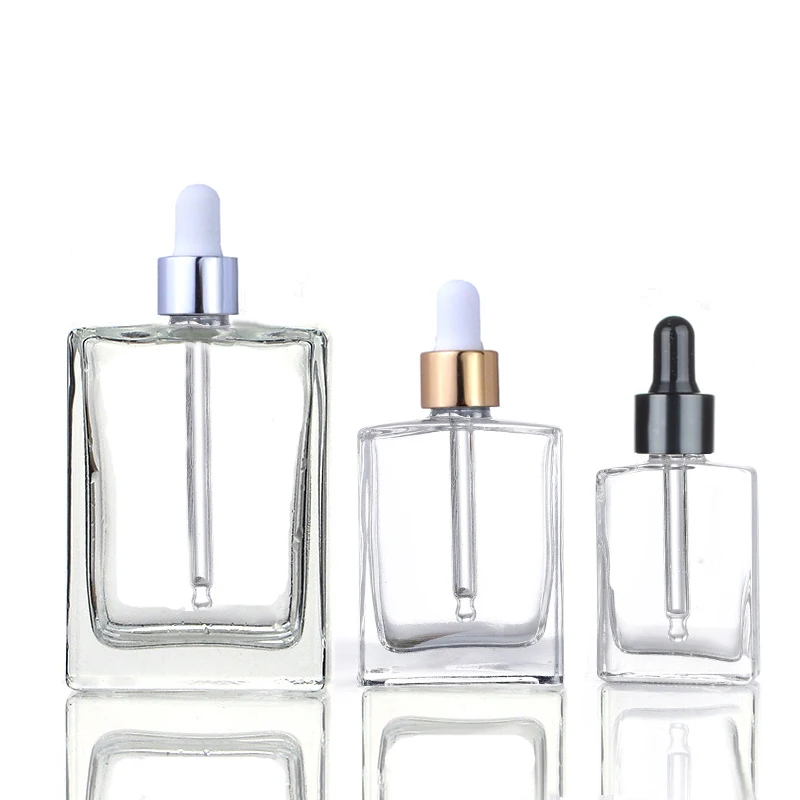New Product 50ml 100ml Rectangular bamboo Dropper bottles square flat glass bottle for cosmetic packaging (GFD01-C)