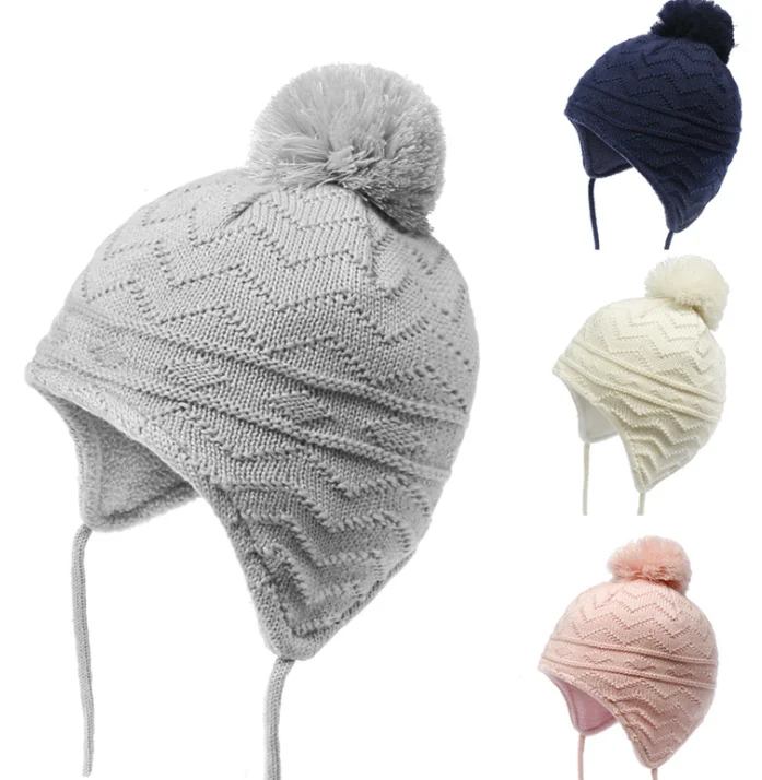High quality winter kids  knitted hats boys beanie baby hats with string
