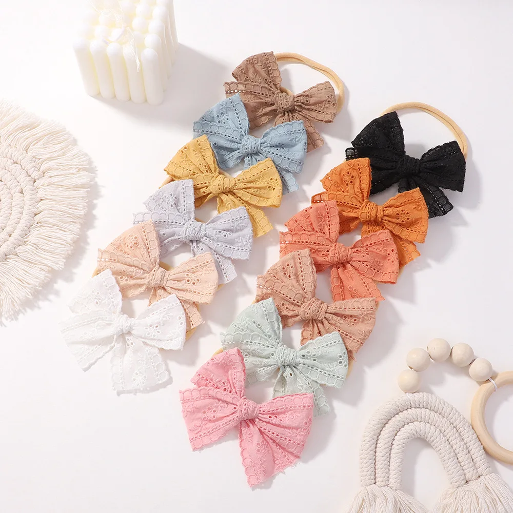 Newborn Lace Solid Floral Eyelet Cutout Pink Heather Yellow Mint Coral Peach Aqua Soft Cotton Embroidery Eyelet Fabric Bow