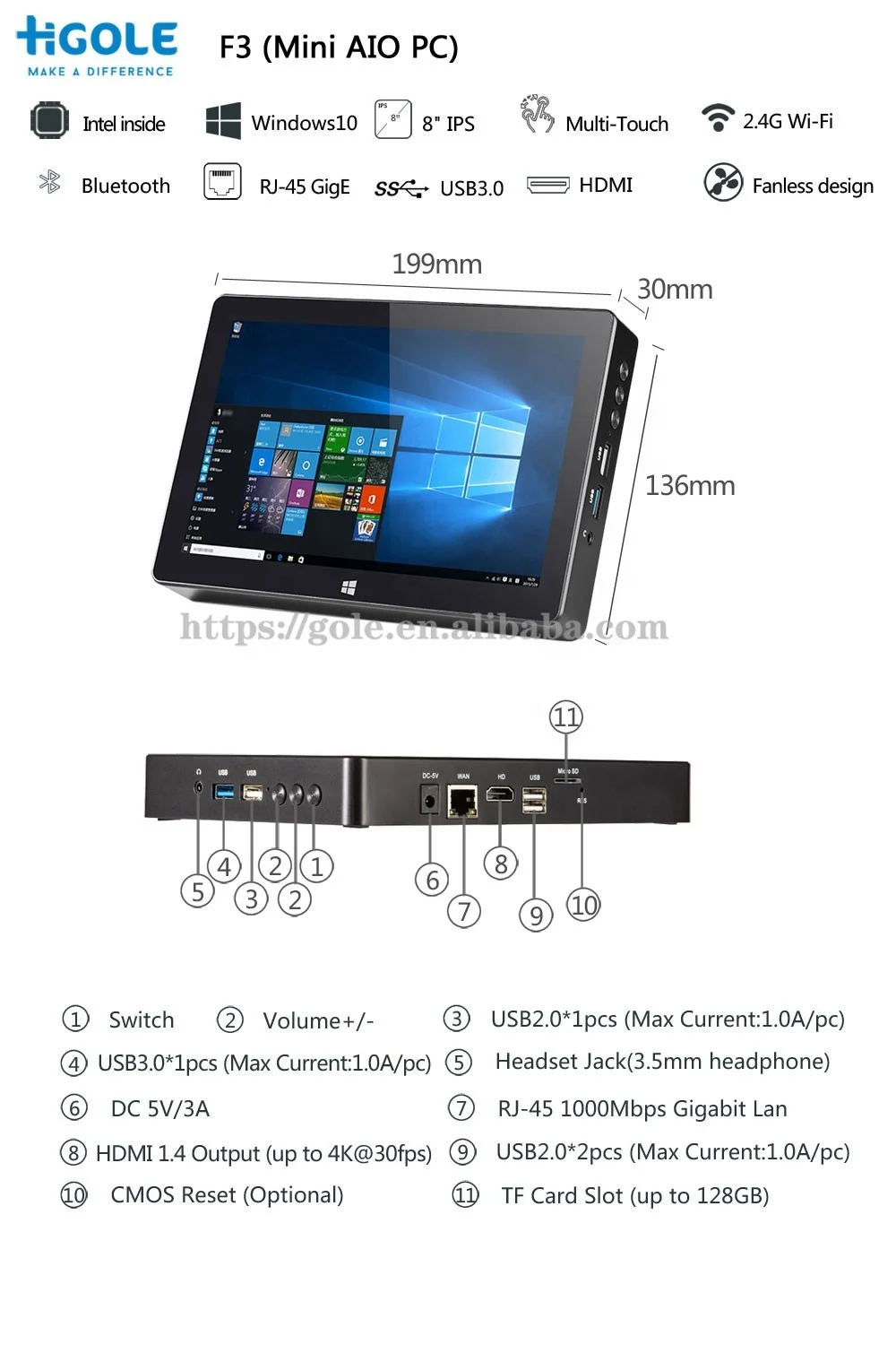  HIGOLE GOLE1 8 дюймов четырехъядерный процессор Atom Z8350 CPU поддержка Windows 10 OS BT 4 0 промышленный