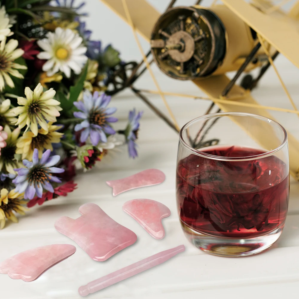 High quality 100% Jade Body Massage Gua sha Rose Quartz Facial Massage Pink Stone Crystal Rose Quartz Guasha Set