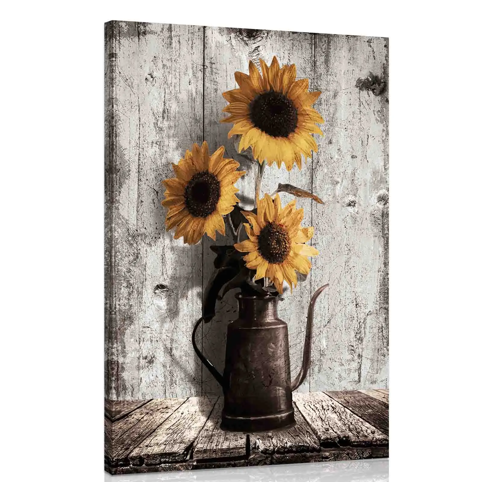 Wood Grain Framed Rustic Farmhouse Yellow Flower Acrylic Painting of Sunflower
