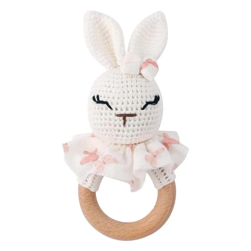 Crochet White Rabbit with bowknot and wear skirt girl Rattles baby toys animal shape teething crochet toy with beech Wood Ring