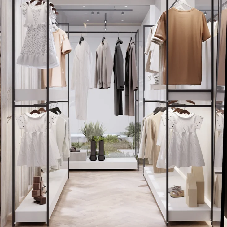 European minimalism clothing store interior decoration accessories design custom double stainless steel clothing display shelves