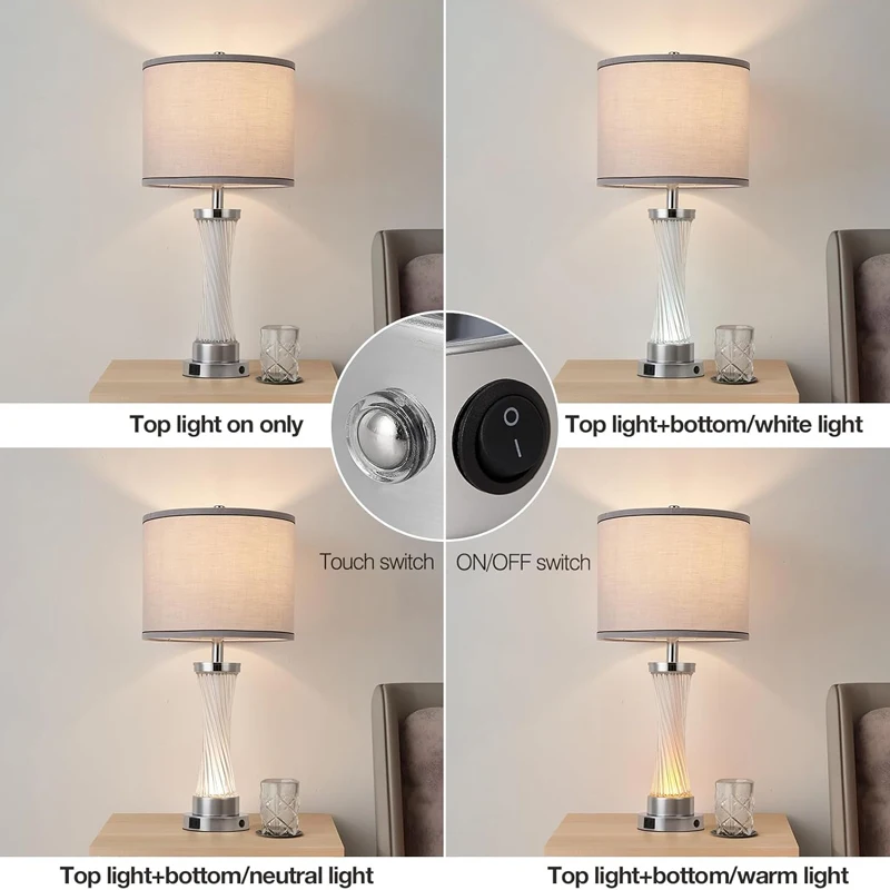 Modern Crystal Table Lamp 2-Piece Set 3-Way Dimmable Touch Control USB A+C Port Fabric Lampshade Bedroom Living Room Bedside