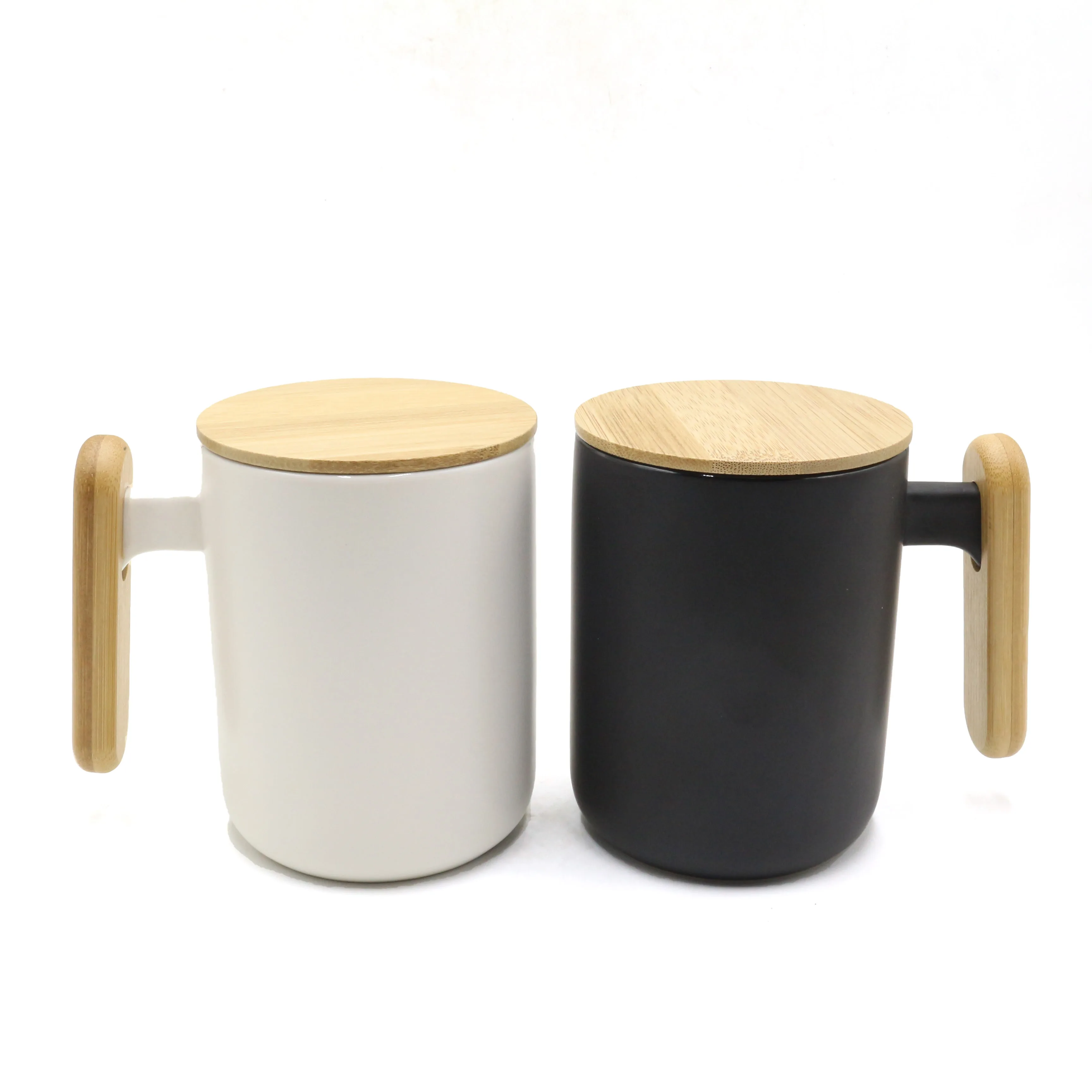 Wholesale Custom Nordic Bamboo Lid Ceramic Cup With Wooden Handle Ceramic Coffee Gift Mug