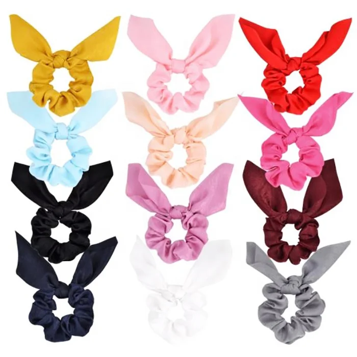 Solid color rabbit ears satin headdress, ribbon tassel knotted large intestine circle, fabric elastic hair band
