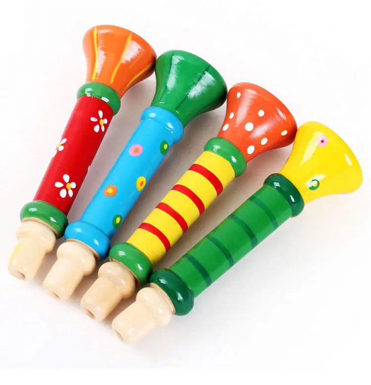 Children Multicolour Custom Wooden Trumpet Horn Musical Instrument Educational Toy