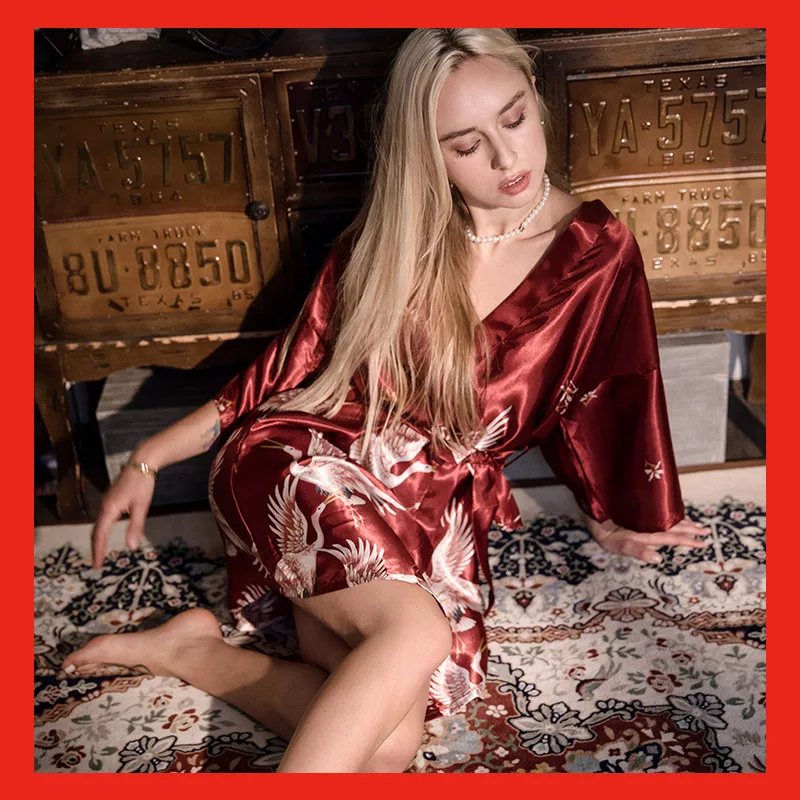 Crane Nightgown Plus Size Dressing Simulation Silk Satin Bathrobe Homewear For Women Pajamas