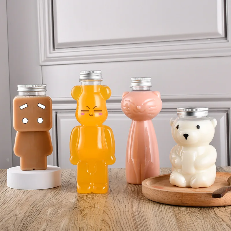 Cartoon pet plastic juice beverage milk tea drink bottle violent bear cat robot bottle 400ml 450ml 500ml 700ml