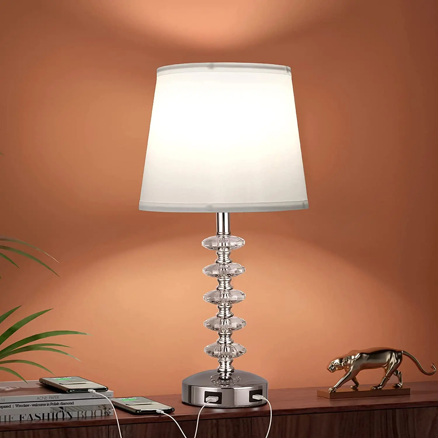 Modern Bedside Lamp Touch Control Crystal Table Lamps 3 Way Dimmable with Dual USB Ports