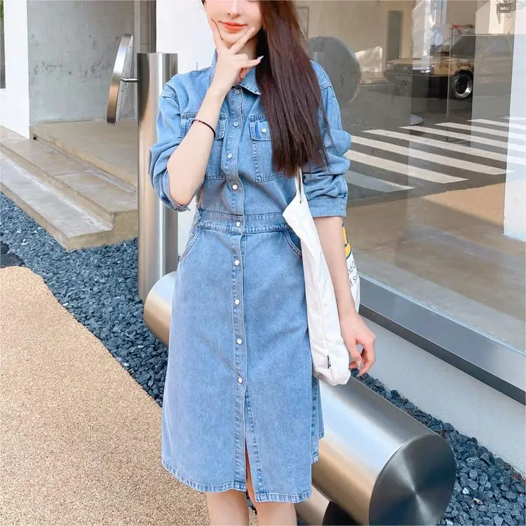 OEM Casual Long Sleeve Solid Turn Down Collar Knee Length Summer New Single Breasted Cotton Denim Shirt Dress Women With Pockets