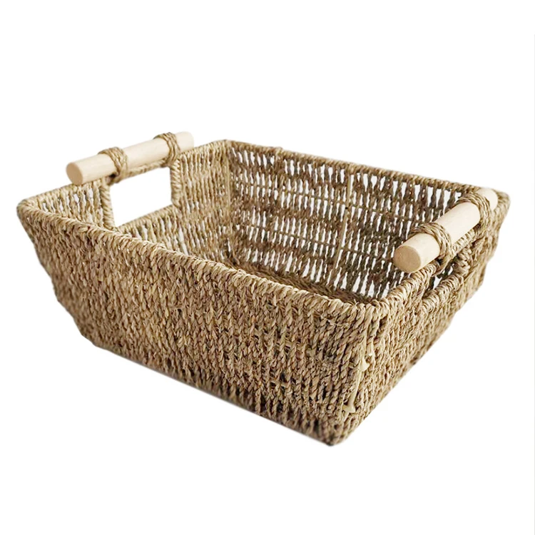 Garden water plant storage basket Rattan storage basket with wooden handle sea grass woven towel frame hand woven storage