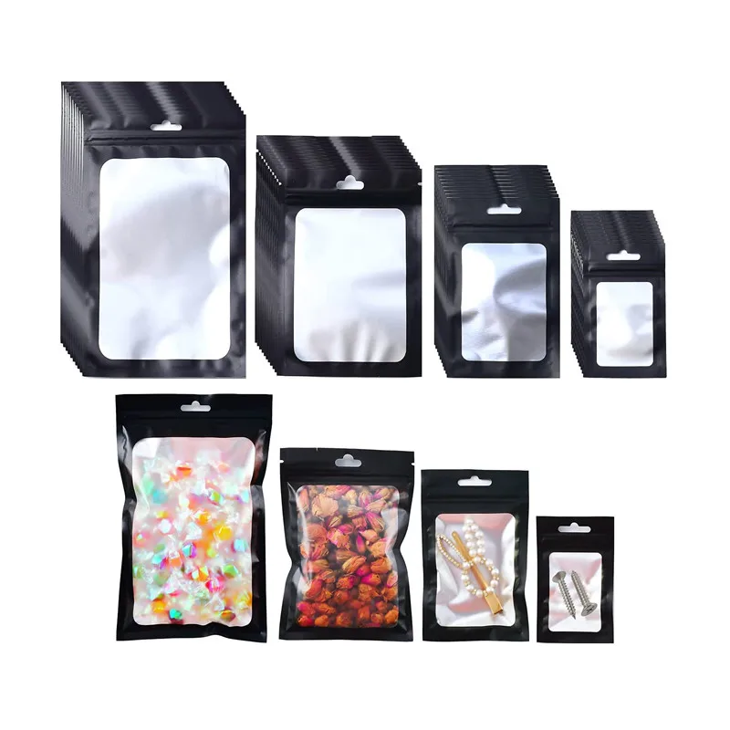 Heat seal food storage resealable foil pouch euro hang hole odorless mylar bags clear window Aluminum matte black ziplock bags