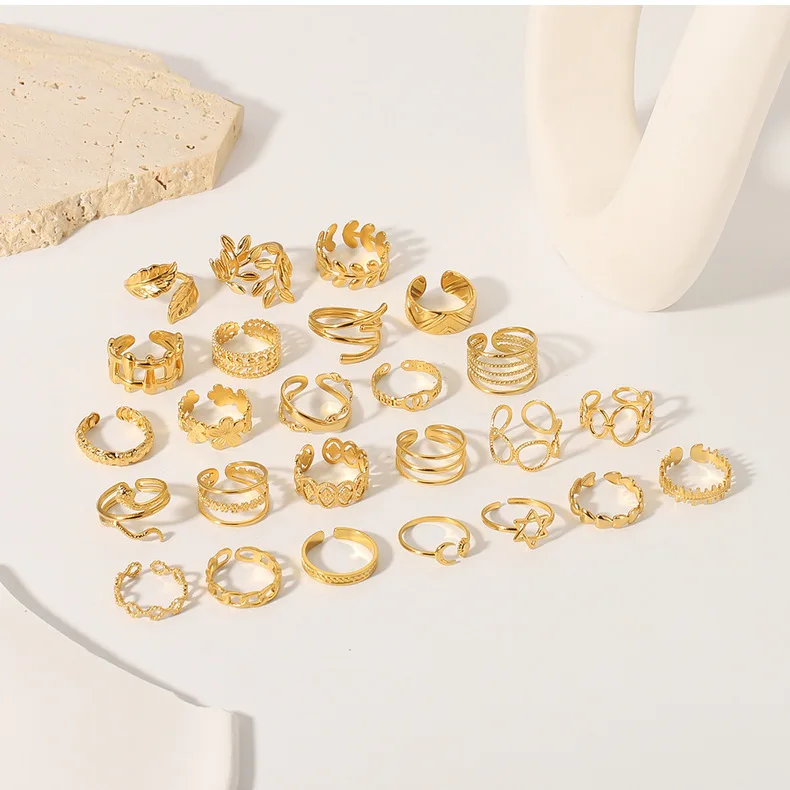 Waterproof Knuckle 18K Gold PVD Plated 316L Stainless Steel Rings Set Stacking Midi Adjustable Opening Ring Jewelry for Women