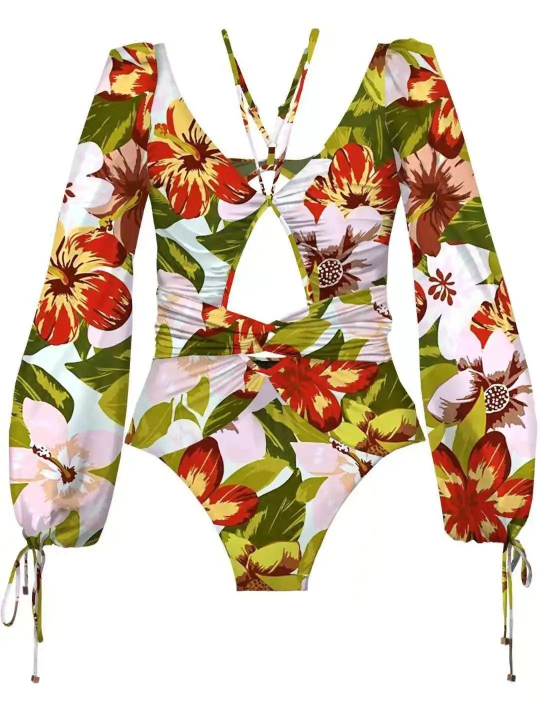 New European and American sexy gather one-piece printed bikini swimsuit women long sleeve swimsuit women swimsuit