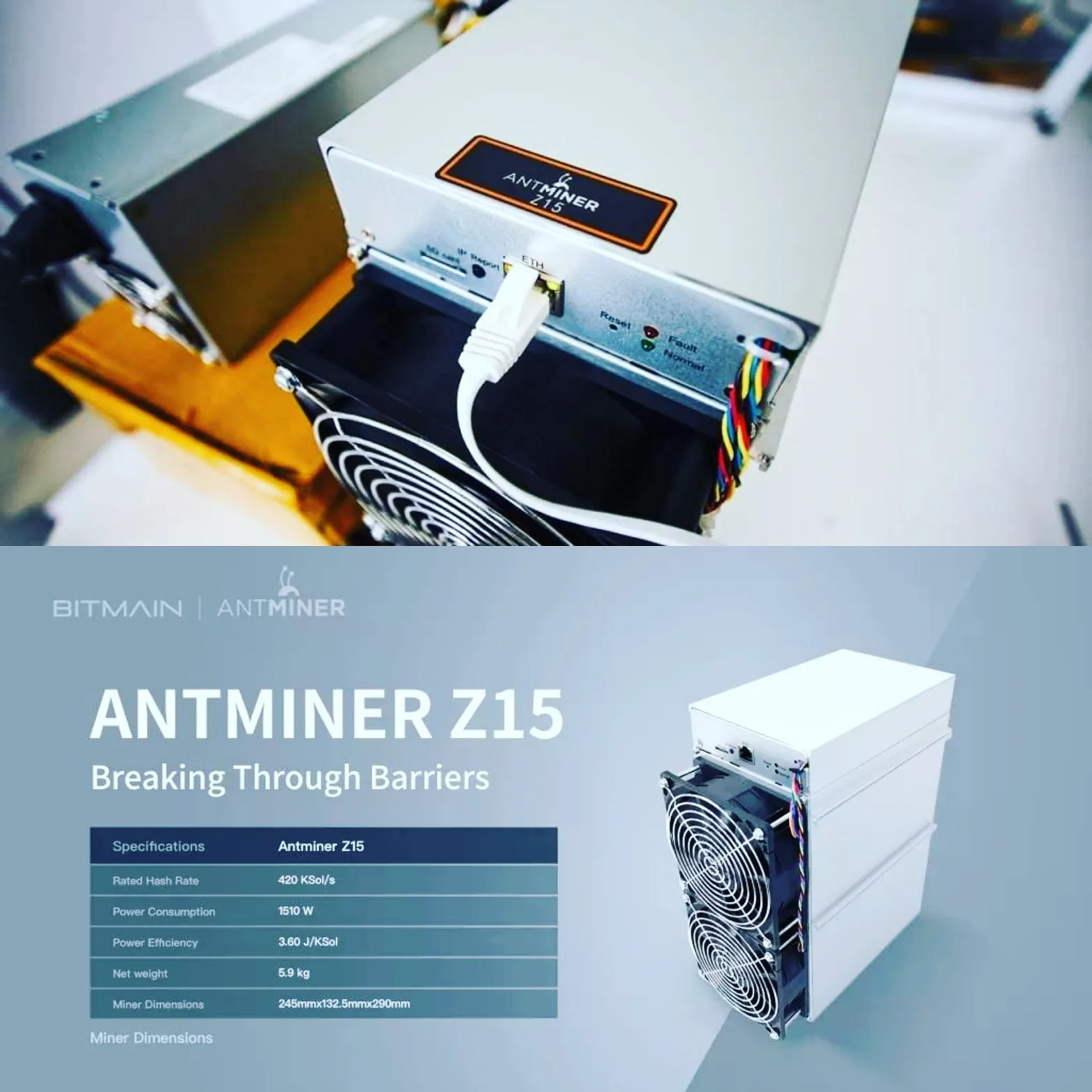 Onestopmining Brand NEW mienr Antminer Z15 420KSol/s uses Equihash calculation method, can mine all Equihash currencies