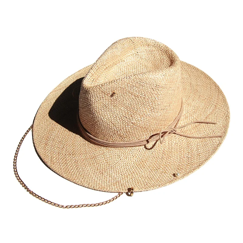 women fashion chic jazz straw hat outdoor travel shade sisal straw Jewelled panama hat with chain