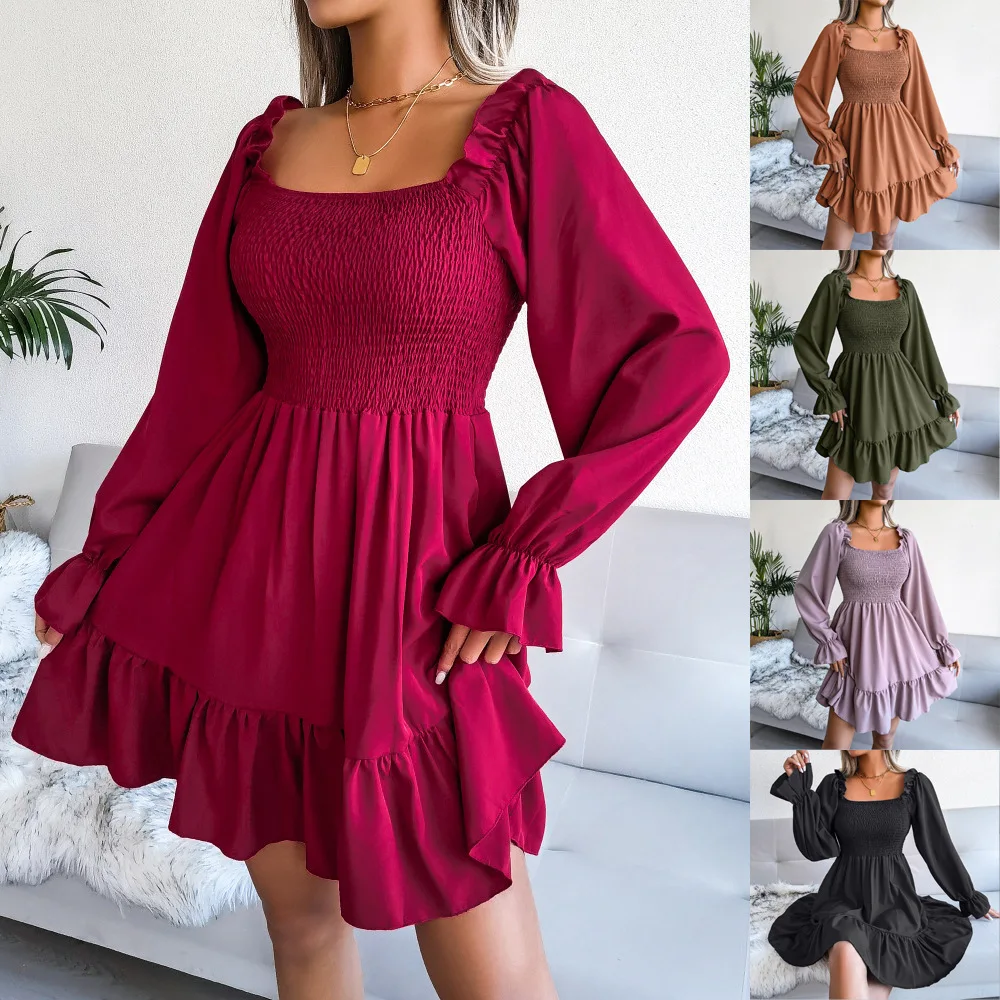 Fashion Hot Sale Flared Long Sleeve Party Maxi Dress Women Summer High Waist Casual Dresses