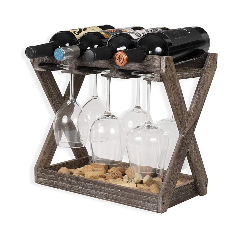 Rustic State Cava Cork Storage Tray Solid Wood Wine and Glass Rack Table Top Bottle Holder
