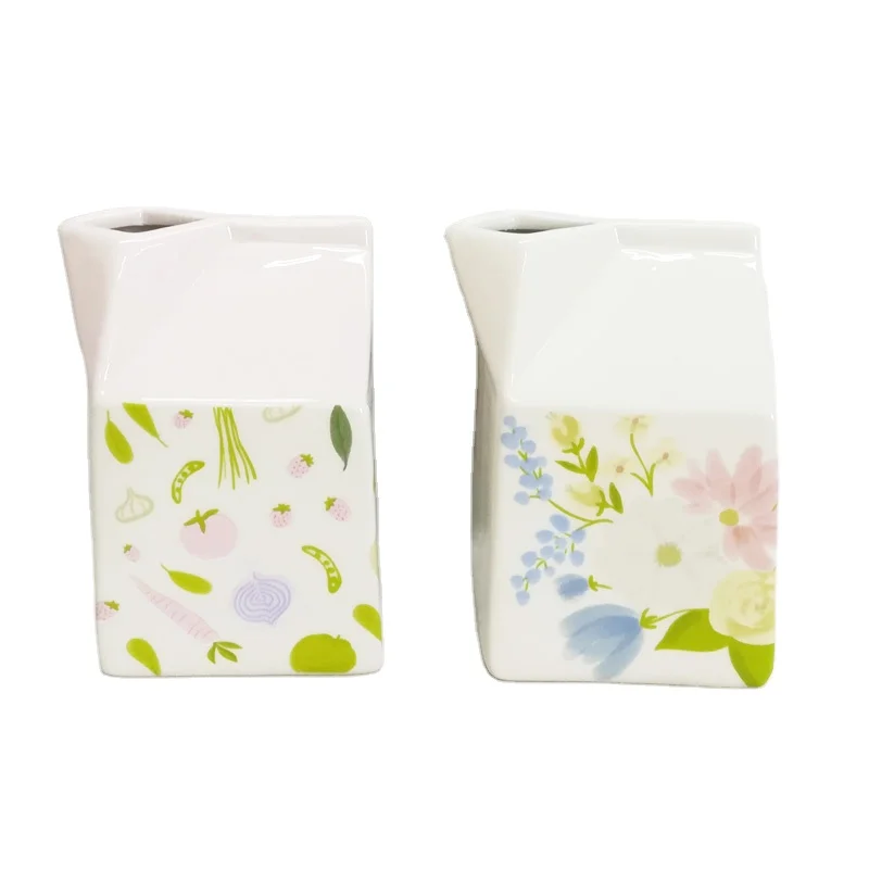 OEM ODM Simple Ceramic Milk Box Shape Creamer Water Pitcher Silk Screen Porcelain Coffee Milk Jug