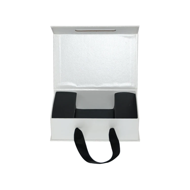 Luxury White Book Shaped Rigid Paper Magnetic Closure Gift Box with Ribbon for Art Earplugs